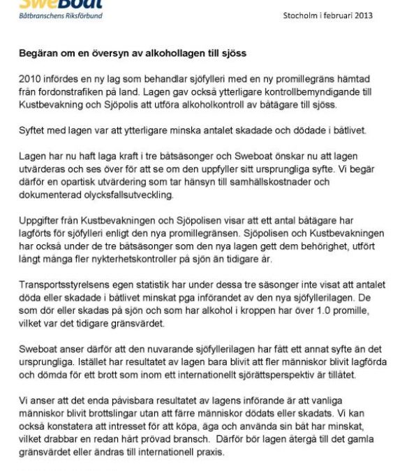 SWEBOATS skrivelse till regeringen.