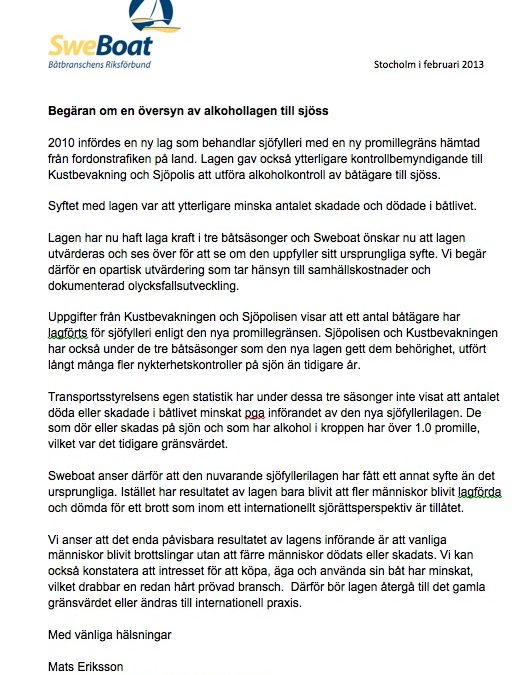 SWEBOATs skrivelse till riksdagen.